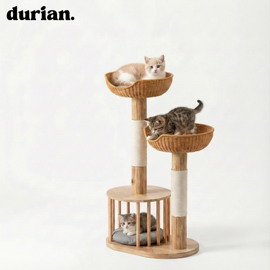 durian. 天然木×籐編み キャットタワー｜ベッド一体型・爪とぎポール付き（ナチュラル）