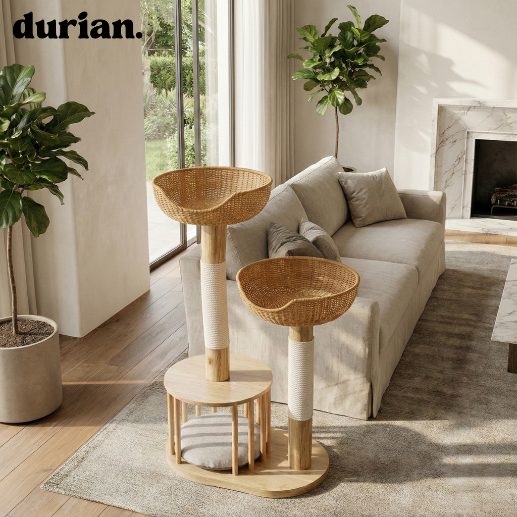 durian. 天然木×籐編み キャットタワー｜ベッド一体型・爪とぎポール付き（ナチュラル）