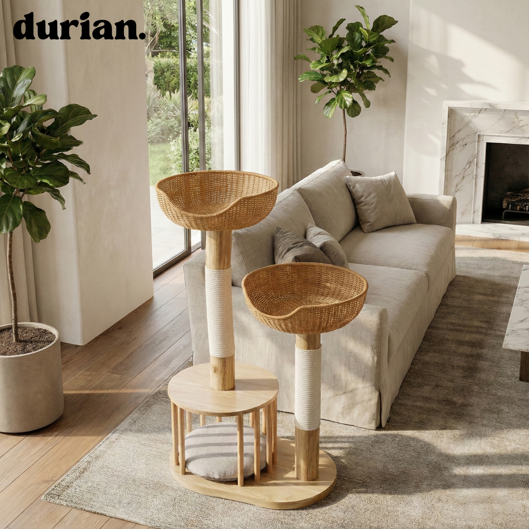 durian. 天然木×籐編み キャットタワー｜ベッド一体型・爪とぎポール付き（ナチュラル）