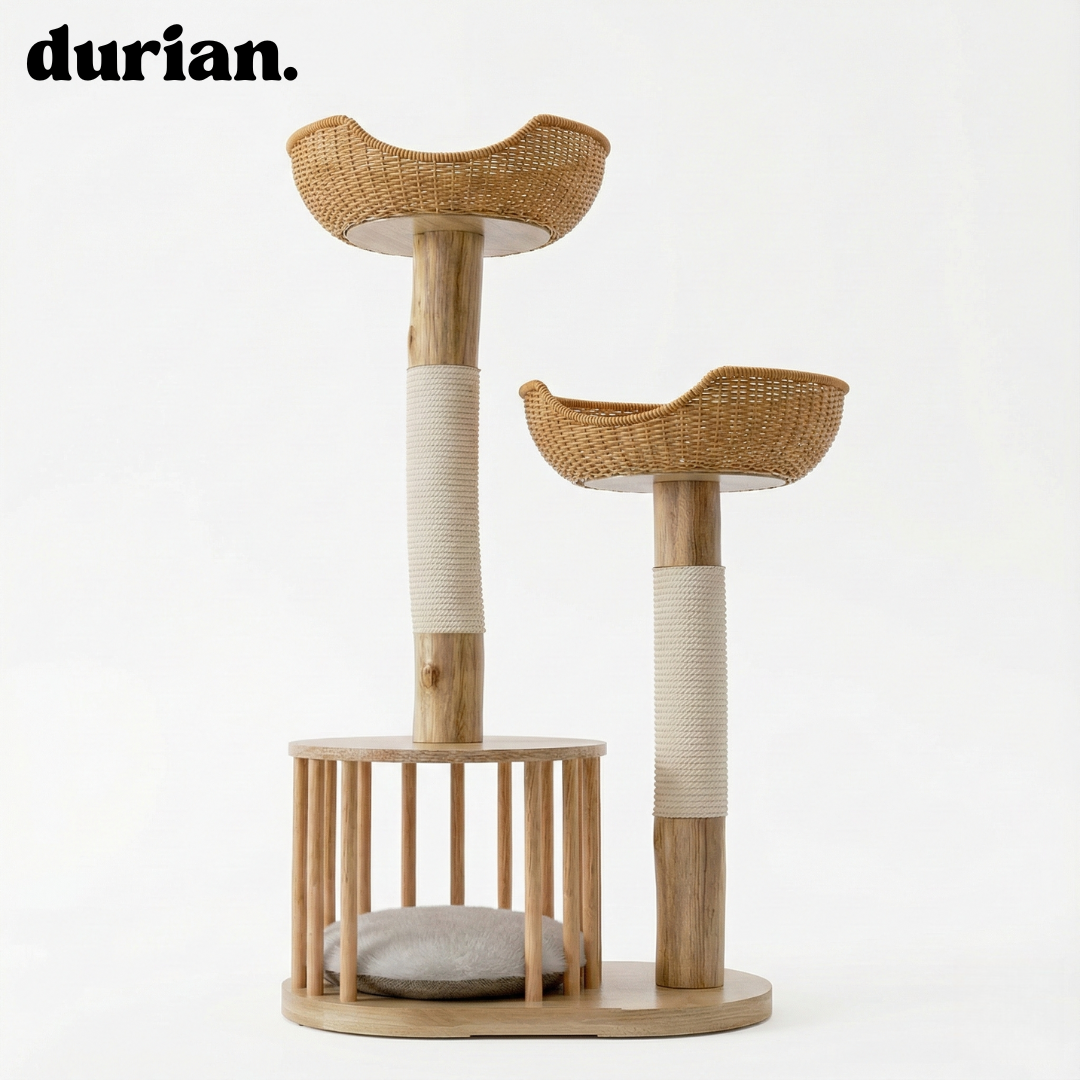 durian. 天然木×籐編み キャットタワー｜ベッド一体型・爪とぎポール付き（ナチュラル）