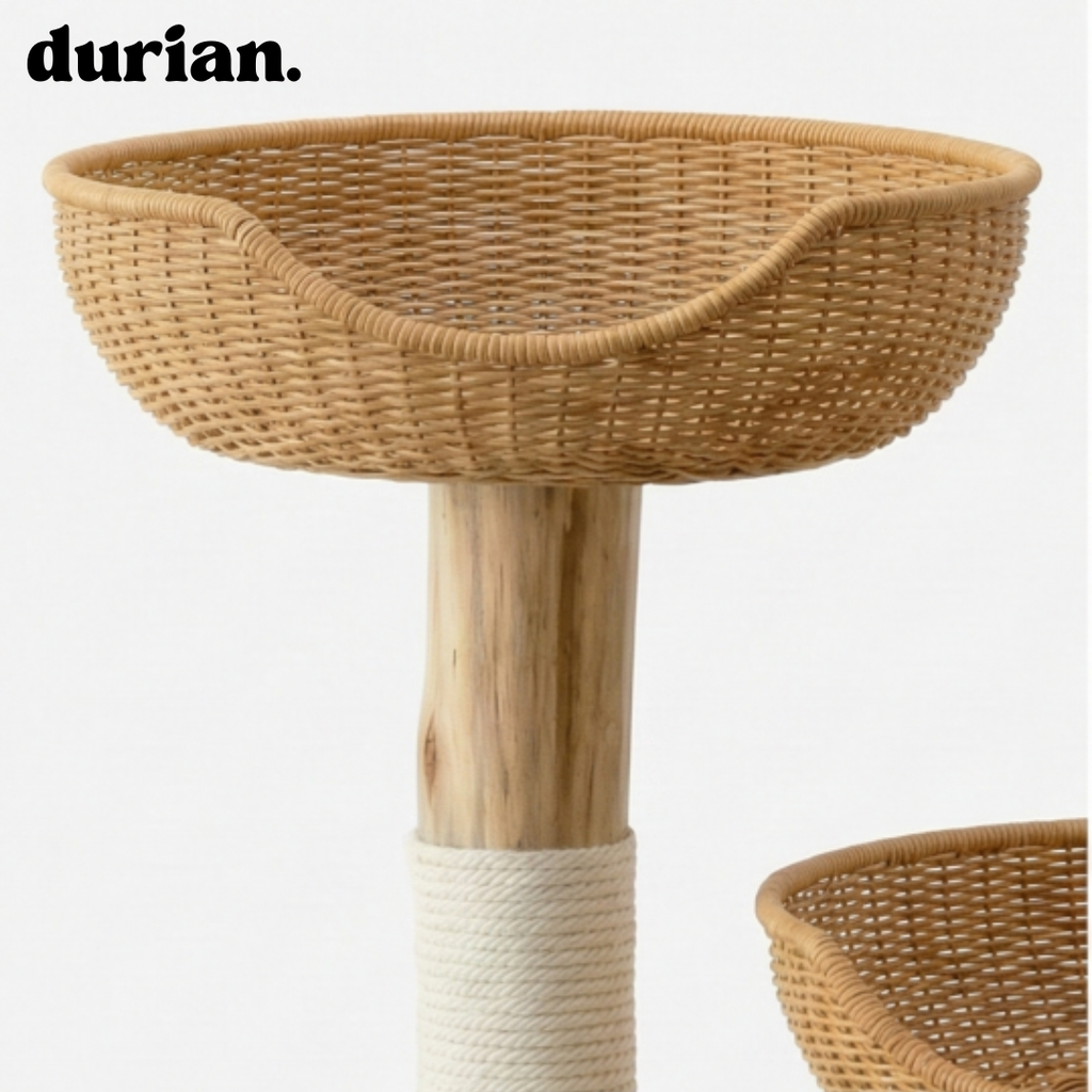 durian. 天然木×籐編み キャットタワー｜ベッド一体型・爪とぎポール付き（ナチュラル）