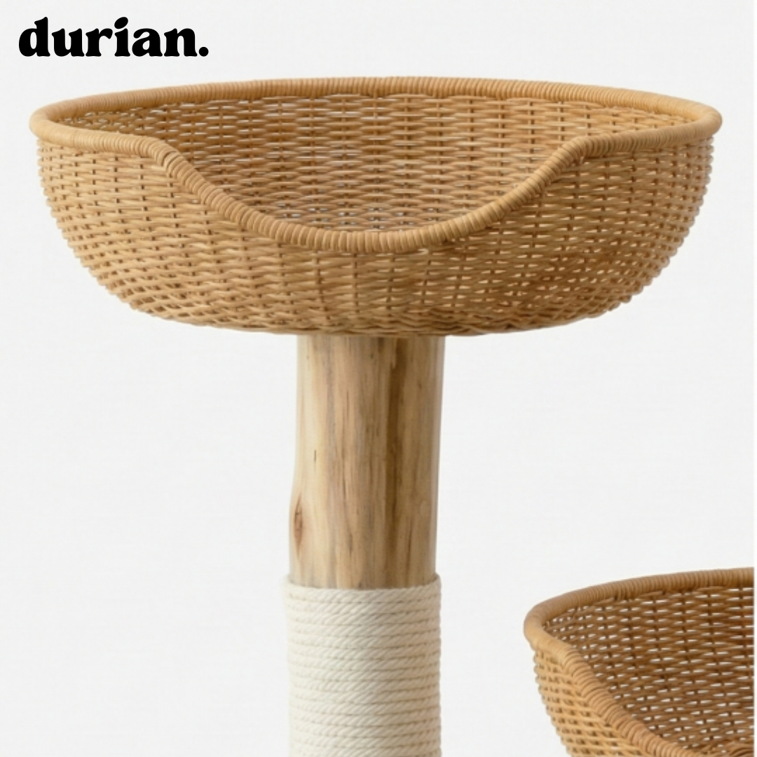 durian. 天然木×籐編み キャットタワー｜ベッド一体型・爪とぎポール付き（ナチュラル）