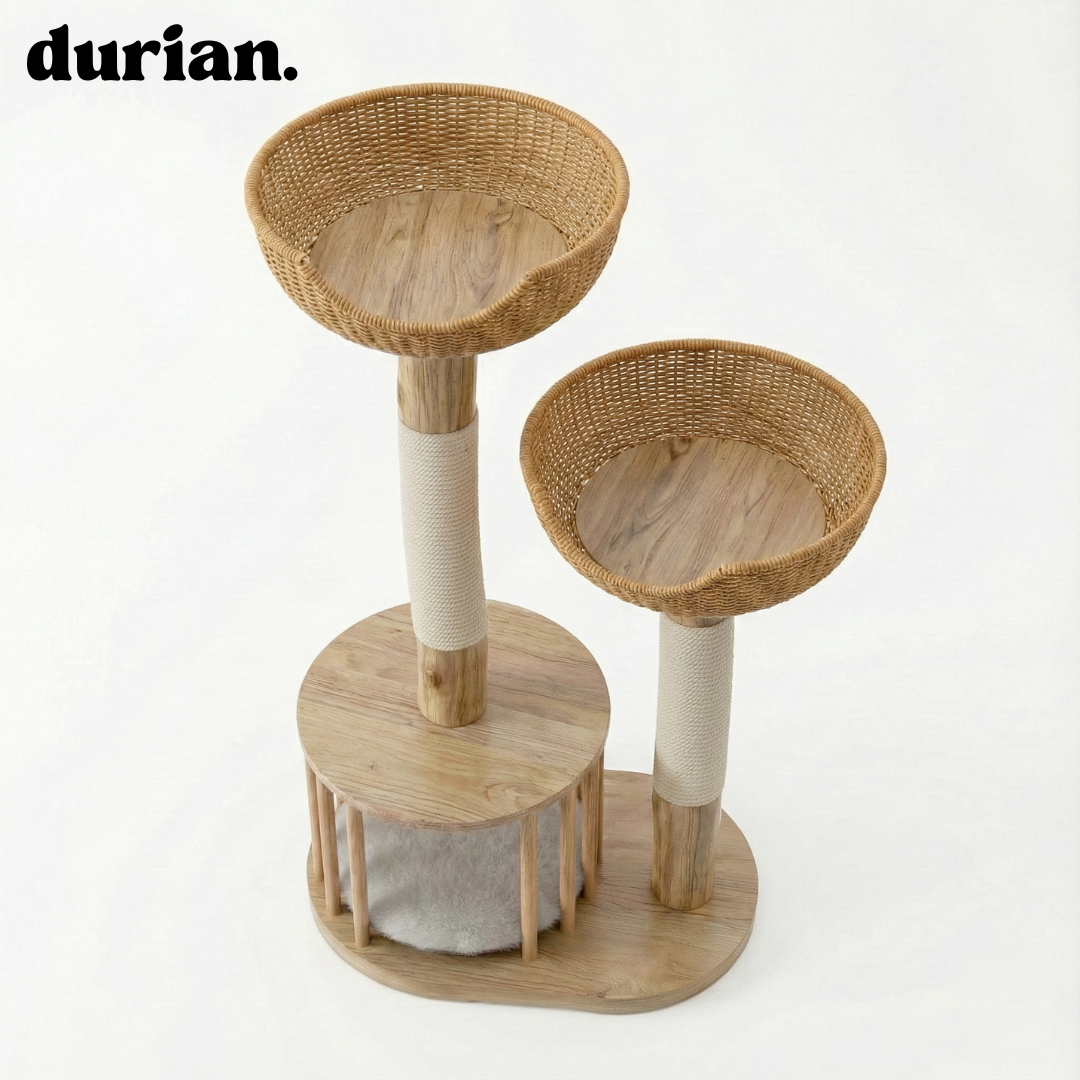 durian. 天然木×籐編み キャットタワー｜ベッド一体型・爪とぎポール付き（ナチュラル）
