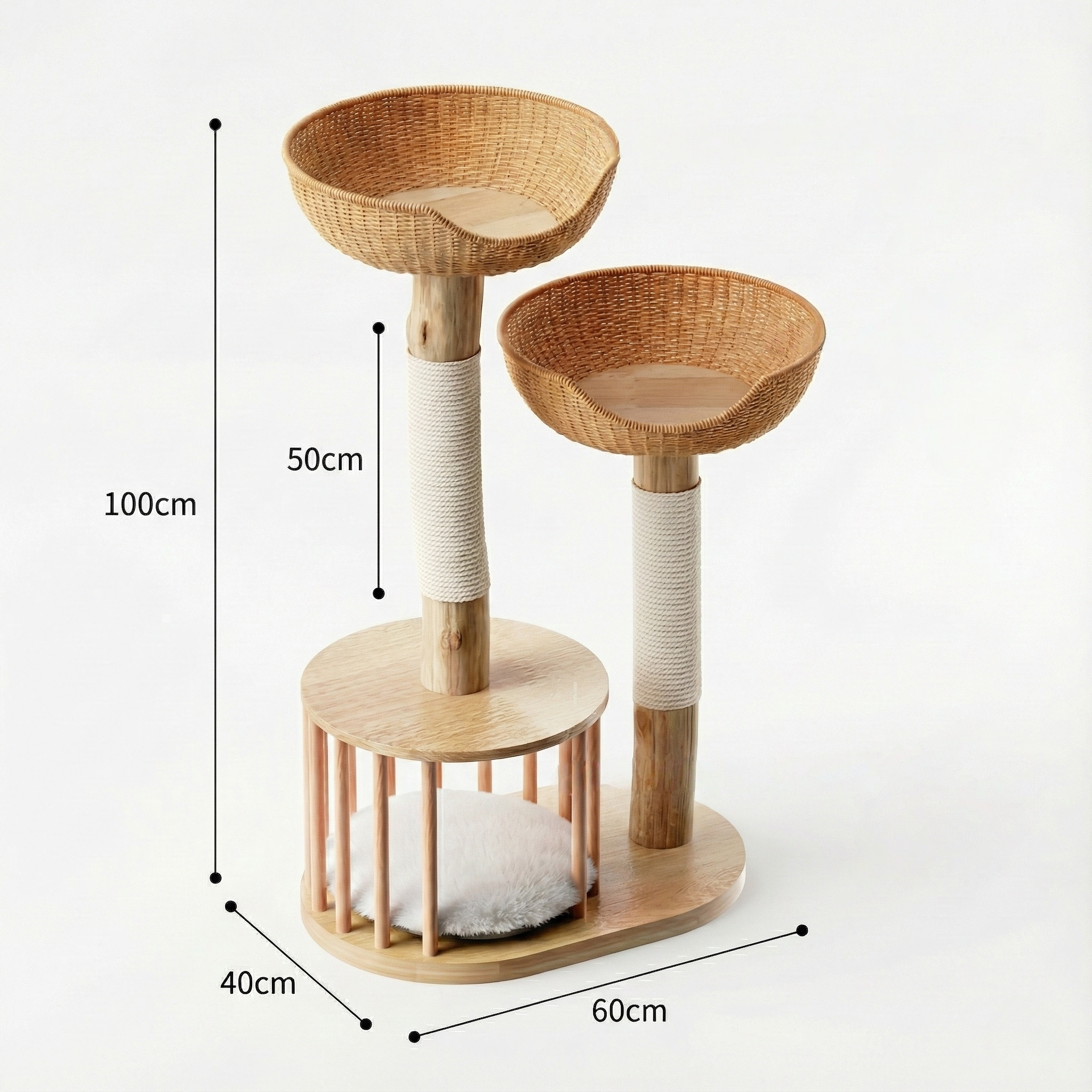 durian. 天然木×籐編み キャットタワー｜ベッド一体型・爪とぎポール付き（ナチュラル）